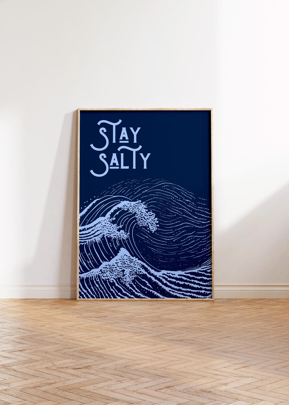 Stay Salty Navy Blue Ocean Wave Typography Coastal Decor Poster