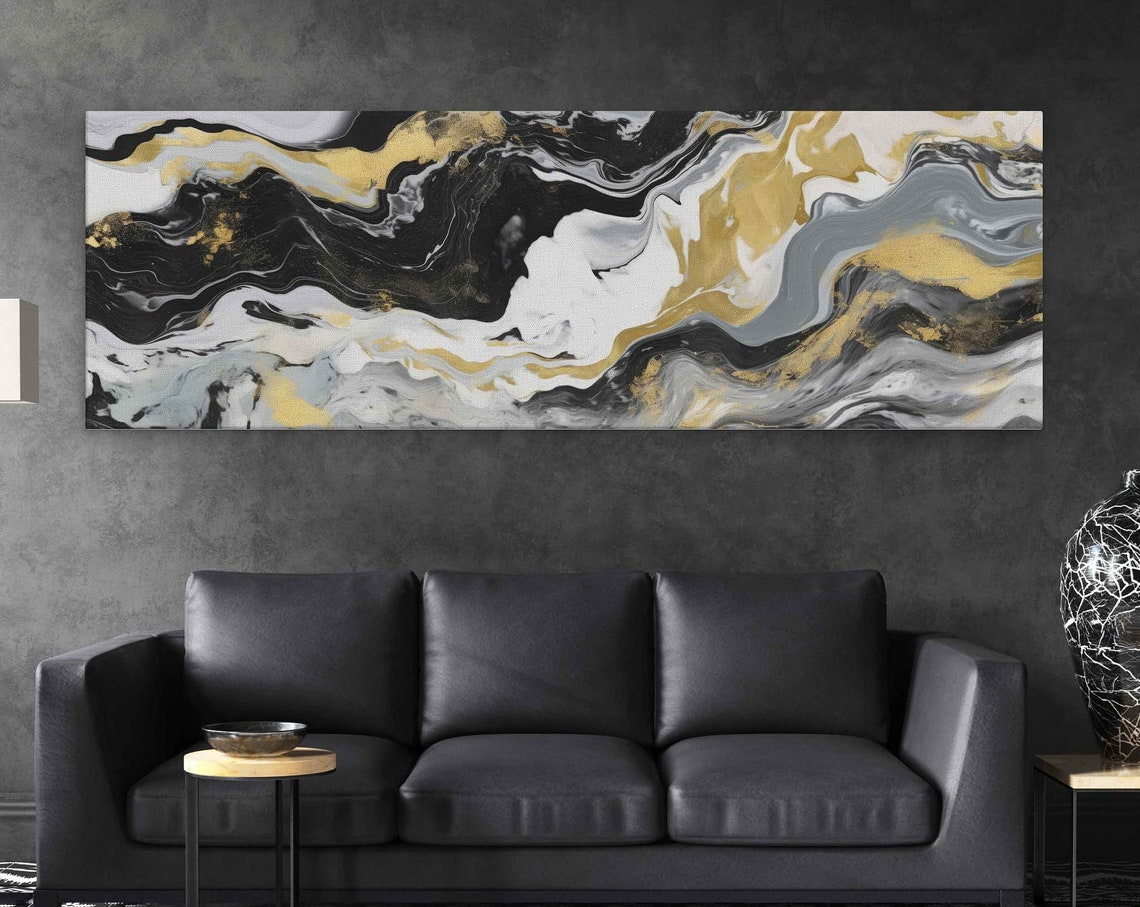 Black White Gold Marble Wave Panoramic Abstract Wall Art Poster