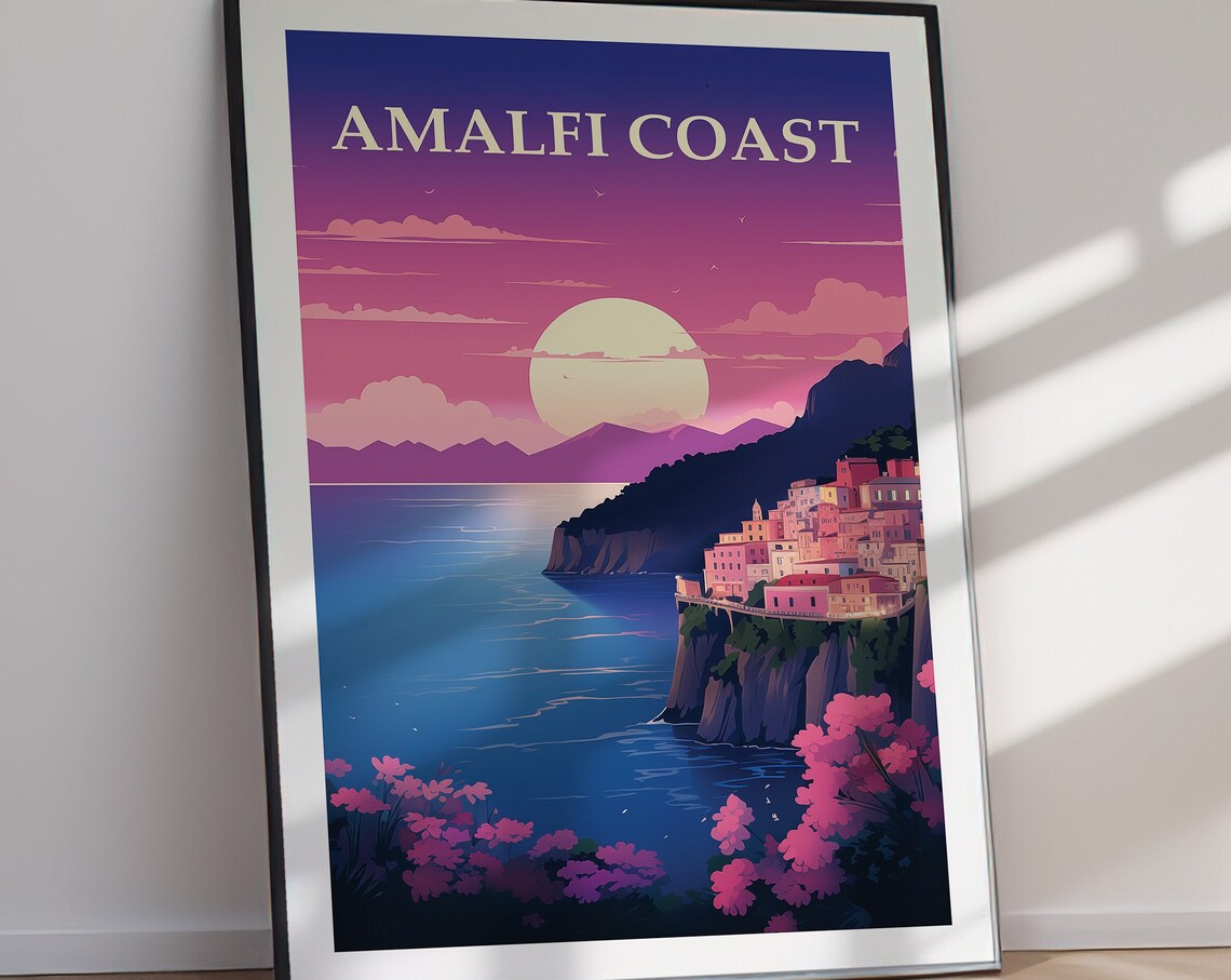 Amalfi Coast Italy Pink Sunset Overlook Coastal Travel Poster - Image 2