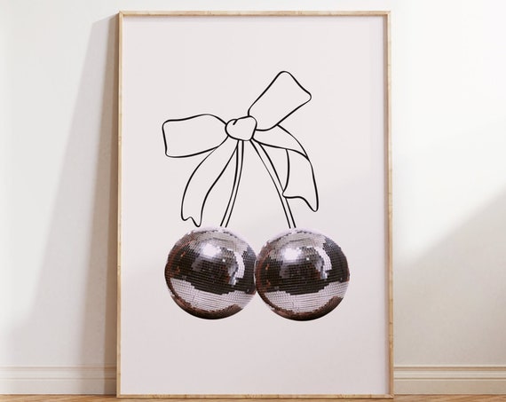 Bow Disco Print Disco Cherry Cute Preppy Wall Art Trendy Aesthetic Black Silver Room Decor Sweet Girly Coquette Eclectic Poster