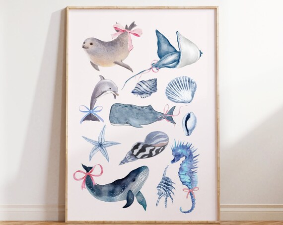 Sea Animal Coquette Watercolor Print Coastal Aesthetic Summer Dolphin Bow Poster Whale Seal Shell Seahorse Wall Art Trendy Funky Beach Print