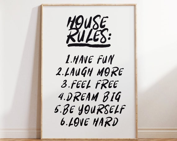 Trendy House Rules Poster Black Rules Print Rules Art Print Retro Wall Art Bar Cart Art Typography Print Positive Vibes Print