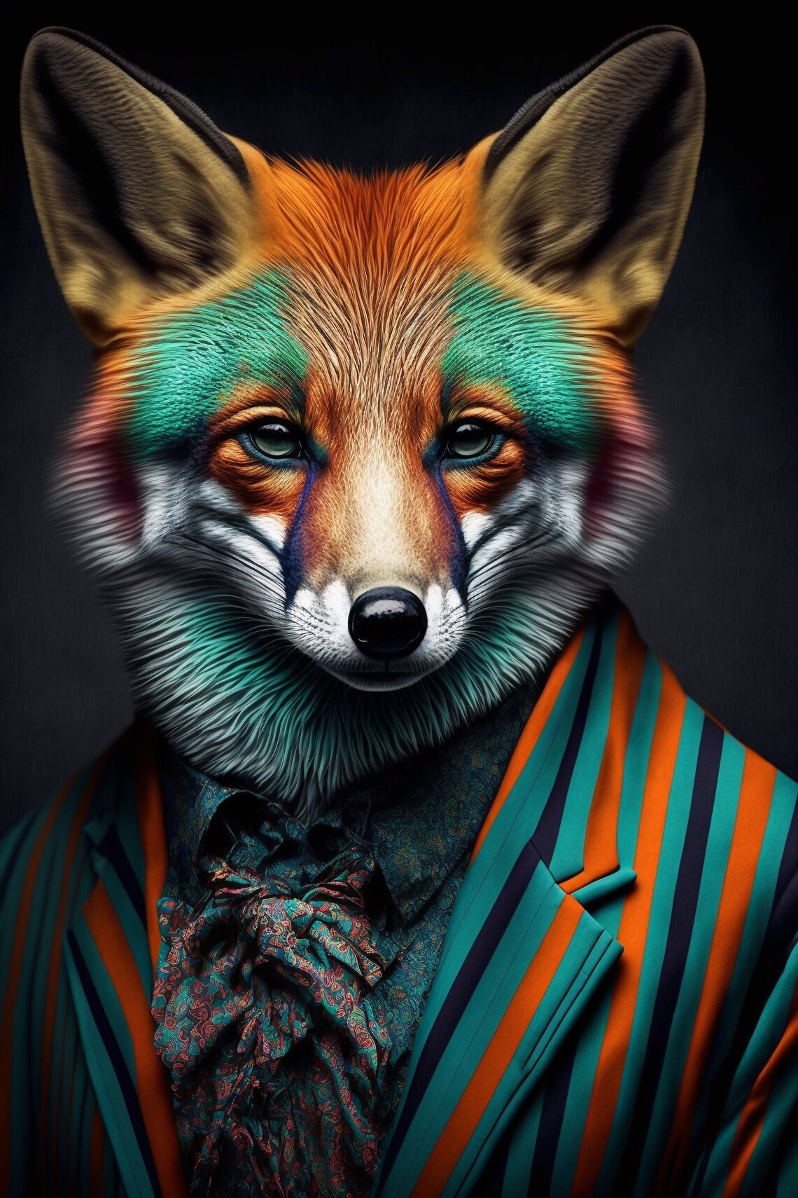Fox in Orange Striped Suit and Paisley Bow Tie Dapper Portrait Poster