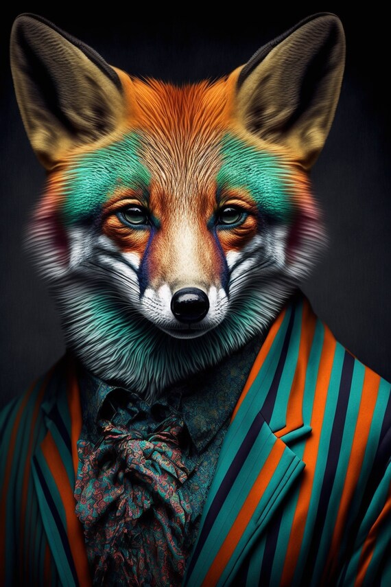 Fox in Orange Striped Suit and Paisley Bow Tie Dapper Portrait Poster