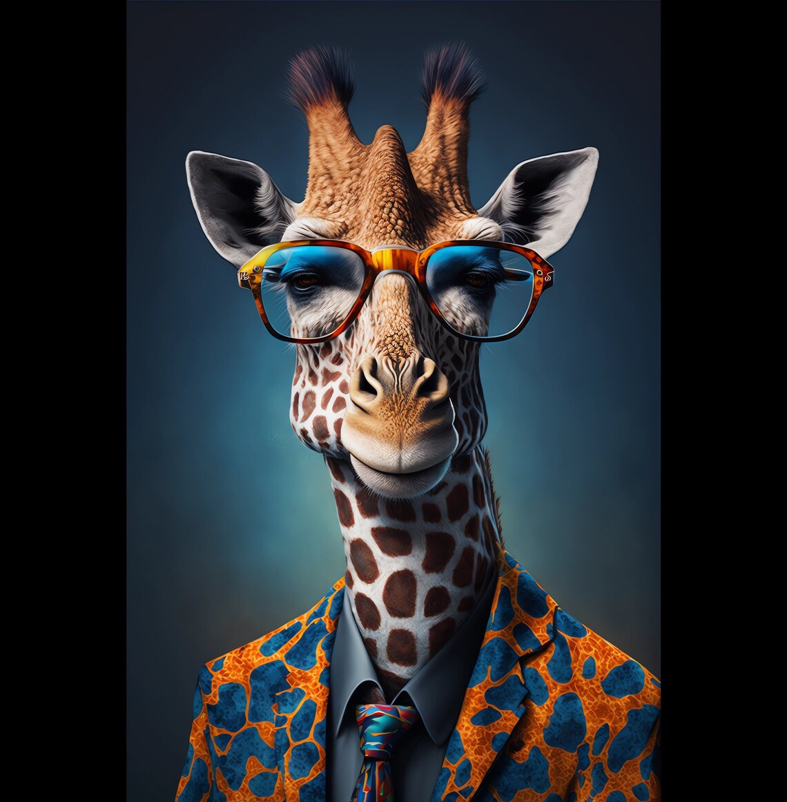 Giraffe in Glasses and Patterned Suit Quirky Business Portrait Poster