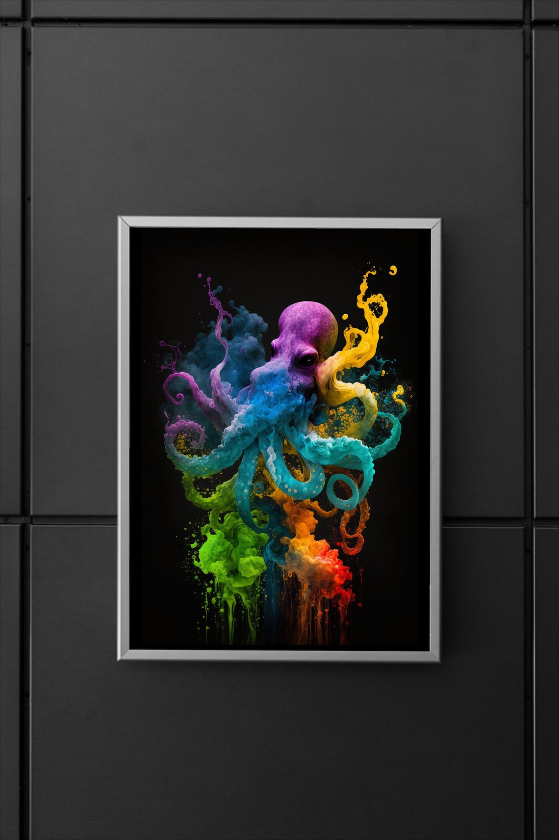 Octopus in Rainbow Ink Clouds Dramatic Colorful Sea Life Art Poster