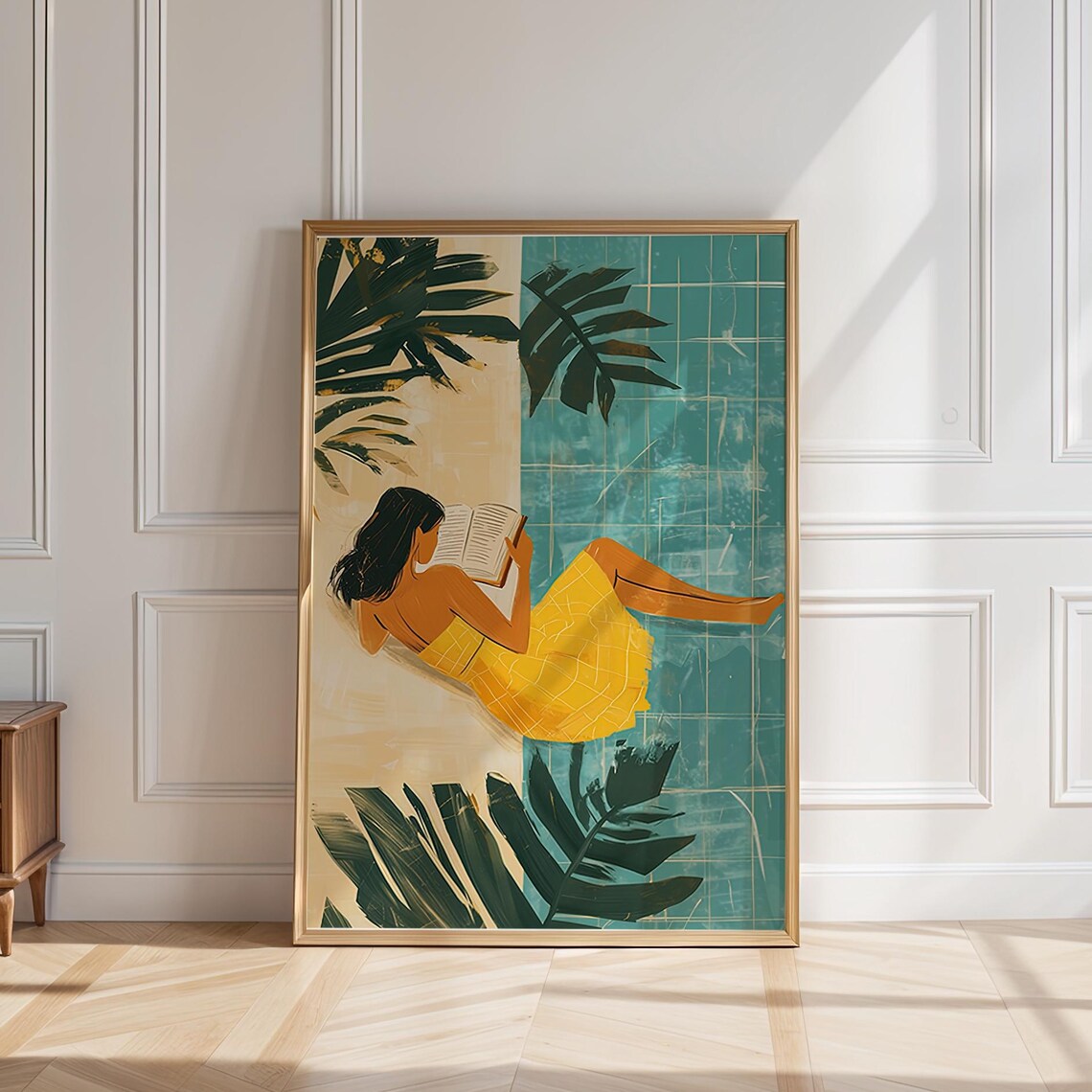 Woman In Yellow Dress Reading By Pool Tropical Palm Leaves Relaxed Summer Art Poster - Image 5