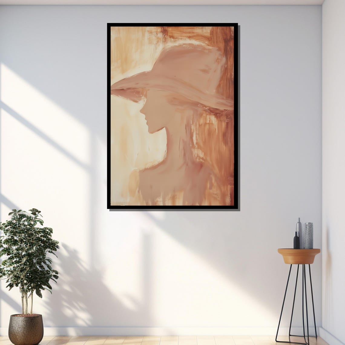 Minimalist Woman Wide Brim Hat Portrait Neutral Beige Tones Art Print - Image 3