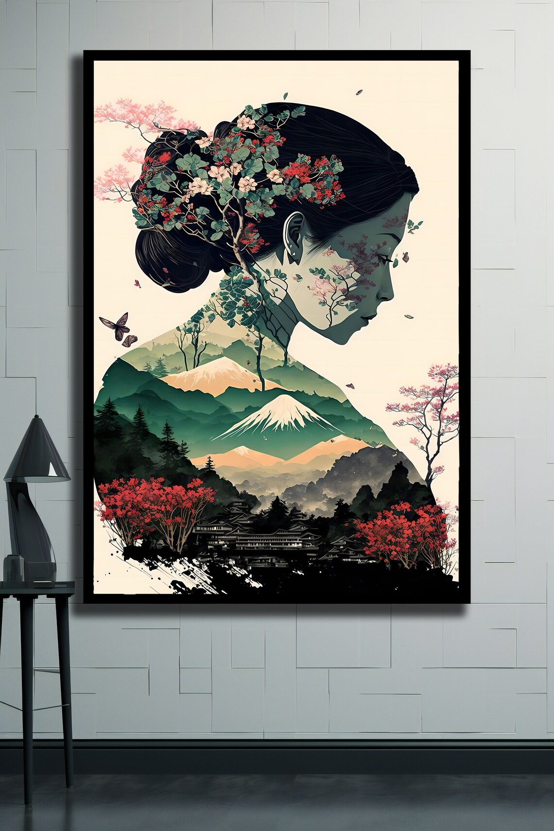 Woman Profile Silhouette Mount Fuji Pagoda Cherry Blossom Art Poster - Image 2
