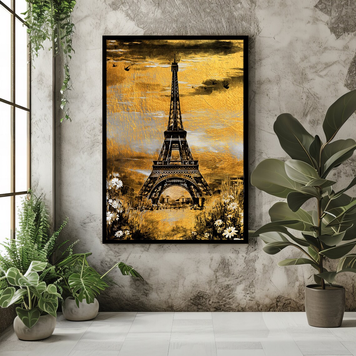 Eiffel Tower Golden Sunset Painting Daisies Paris France Travel Poster - Image 2