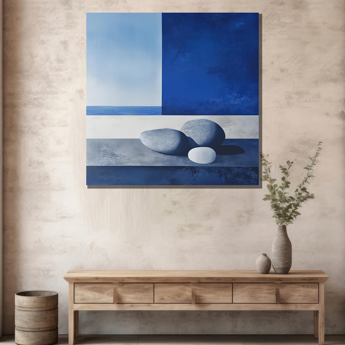 Minimalist Zen Stones Blue Sea Beach Abstract Serene Art Print - Image 2