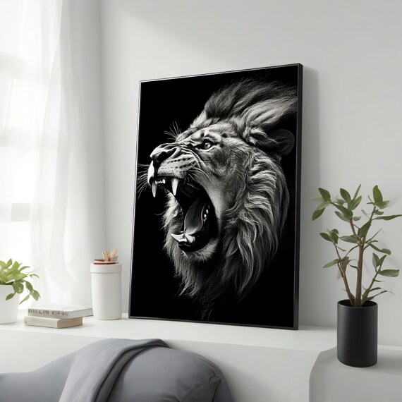 Roaring Lion Black And White Dramatic Wild Animal Kingdom Wall Art