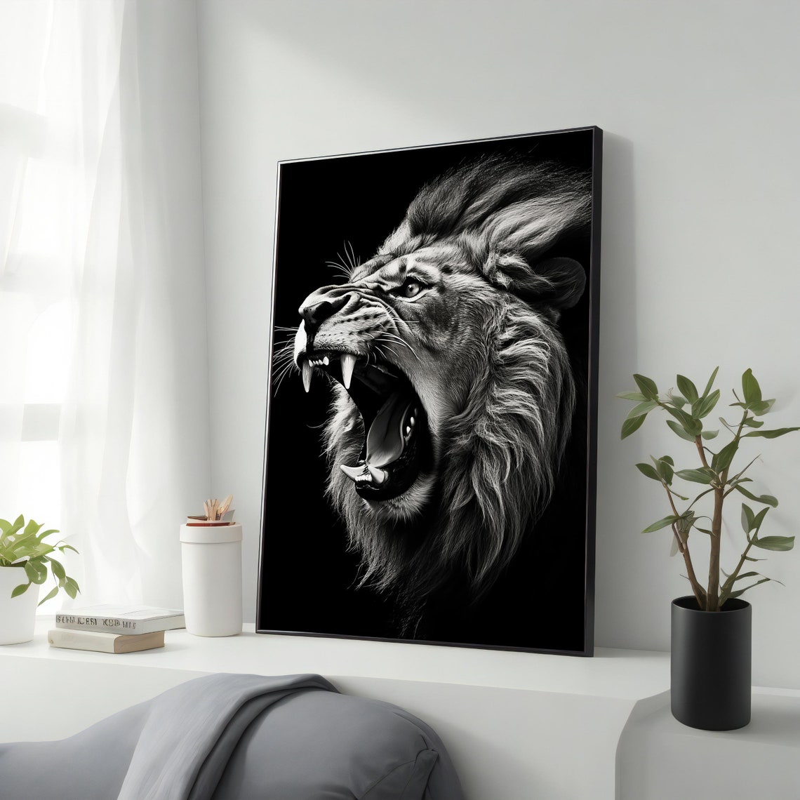 Roaring Lion Black And White Dramatic Wild Animal Kingdom Wall Art