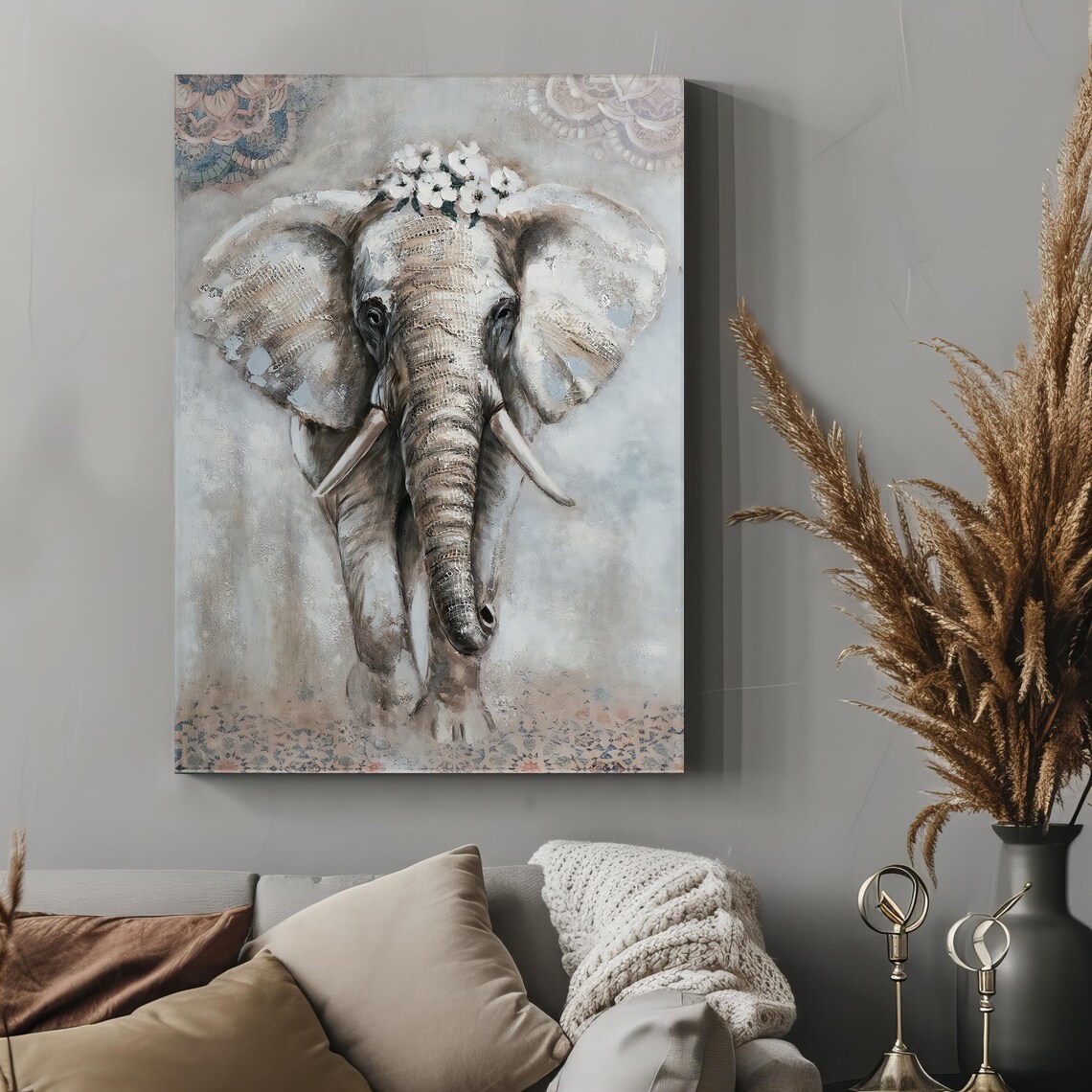 Elephant With Flower Crown Gray Textured Boho Mandala Wildlife Poster - Image 3
