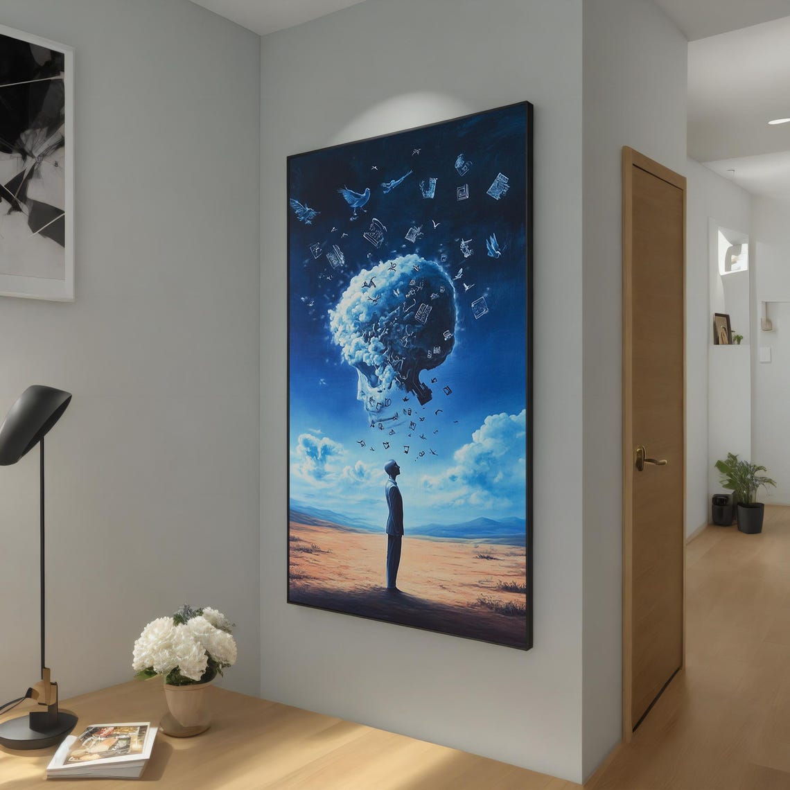 Surreal Blue Dreamscape Art Surrealist Skull And Birds Wall Decor Thoughtful Gift Abstract Sky Painting Gift Idea