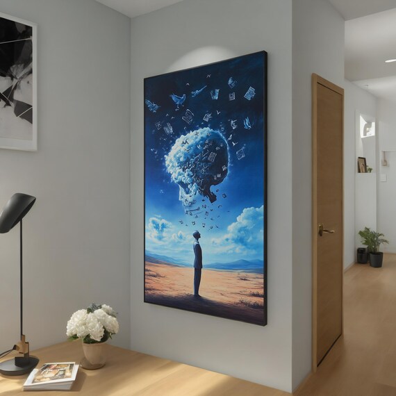 Surreal Blue Skull Cloud Over Desert Man Looking Up Dreamlike Sky Art Poster