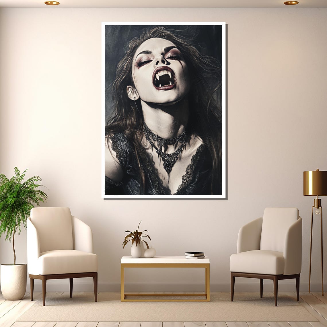 Gothic Vampire Woman Portrait Fangs Dark Fantasy Horror Art Print - Image 2
