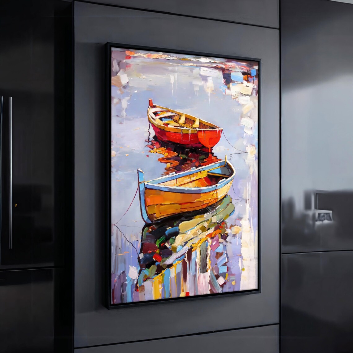 Two Colorful Fishing Boats Reflection Calm Water Painting Wall Art