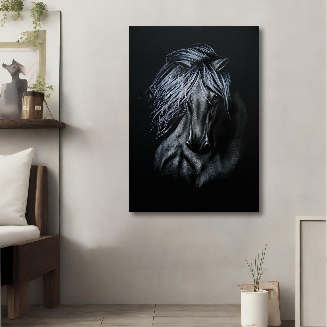 Black Horse With Silver Flowing Mane Dark Dramatic Equine Art Poster - Image 4