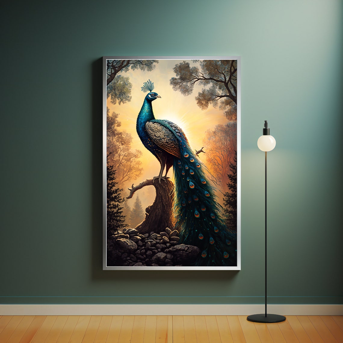 Blue Peacock Perched On Forest Branch Golden Sunset Animal Art Poster - Image 4