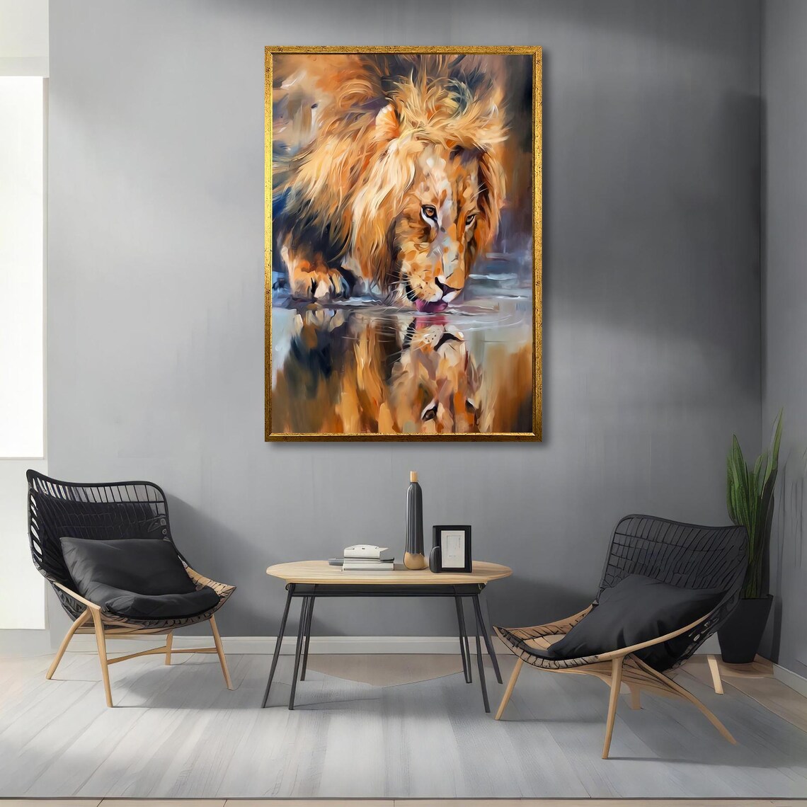 Lion Drinking Water Reflection Golden Mane Wildlife Painting Wall Poster - Image 3