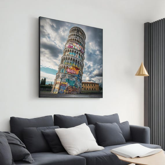 Leaning Tower Of Pisa Graffiti Art Print Unique Wall Decor Ready To Hang Modern Home Decor Vibrant Urban Street Art Unique Gift