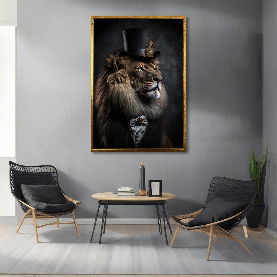 Dapper Lion In Top Hat And Bow Tie Gentleman Animal Portrait Wall Poster - Image 3