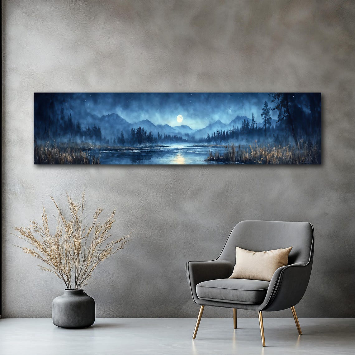 Moonlit Blue Forest Lake Panoramic Night Reflection Art Poster - Image 2