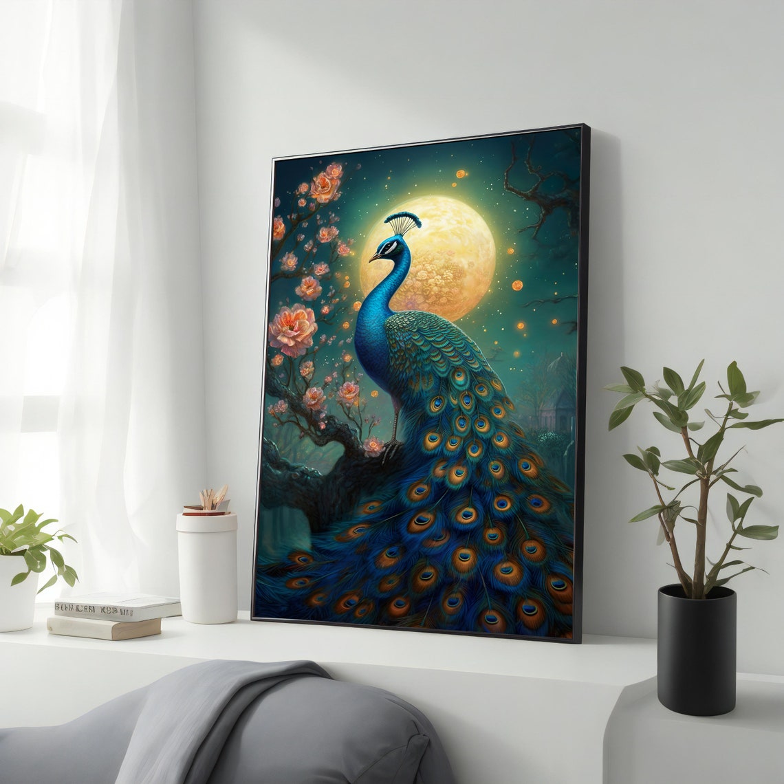 Moonlit Peacock Cherry Blossom Night Garden Turquoise Blue Wall Poster