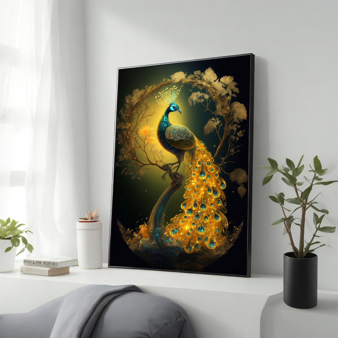 Golden Peacock Perched Under Floral Wreath Dark Glam Art Poster