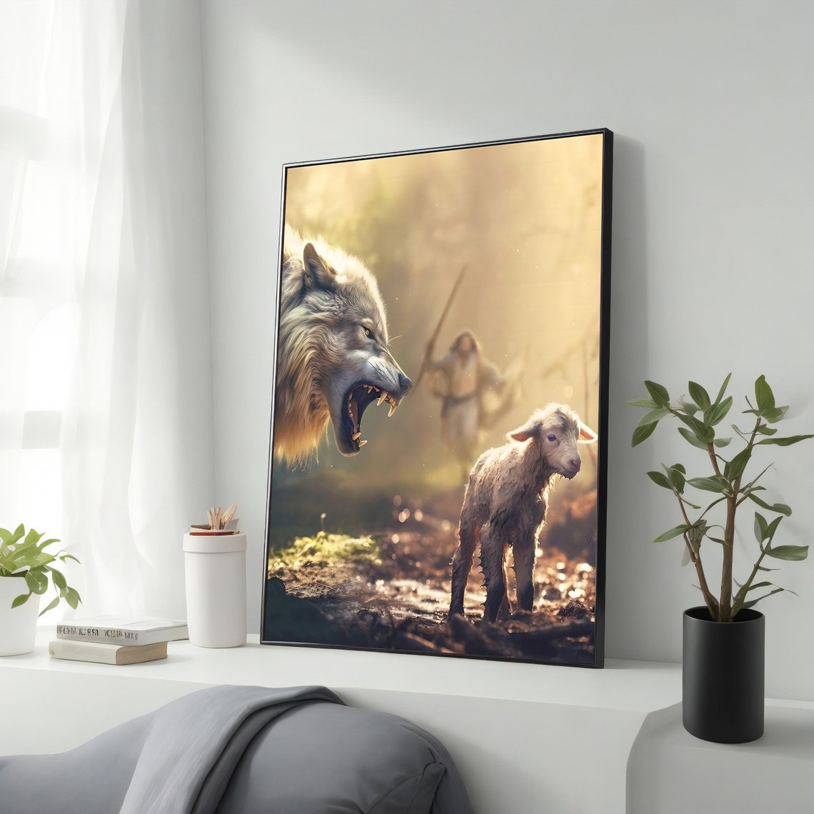 Jesus Running To Save The Lamb From The Wolf Christian Wall Art Poster