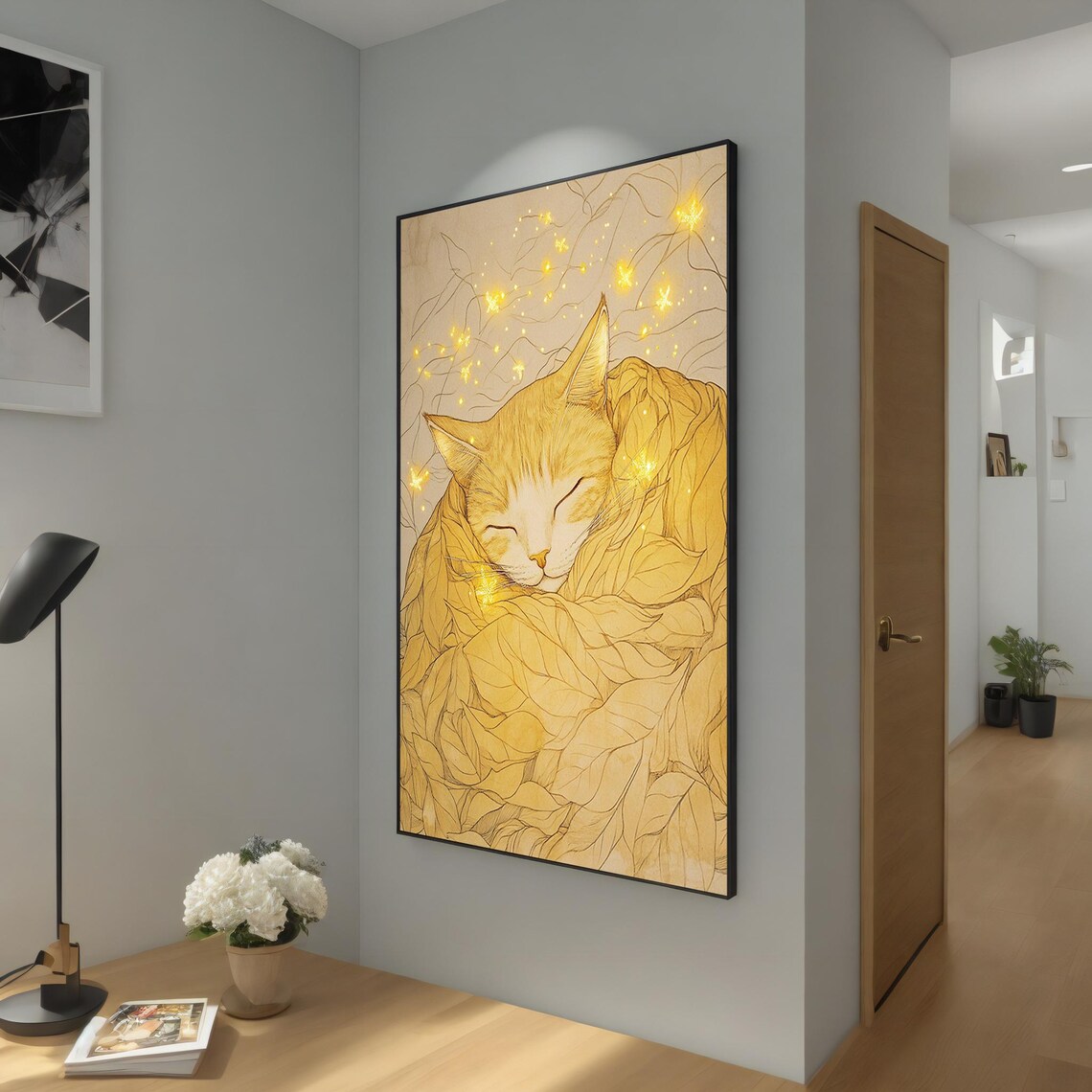Golden Cat Sleeping Wrapped in Autumn Leaves Dreamy Art Poster