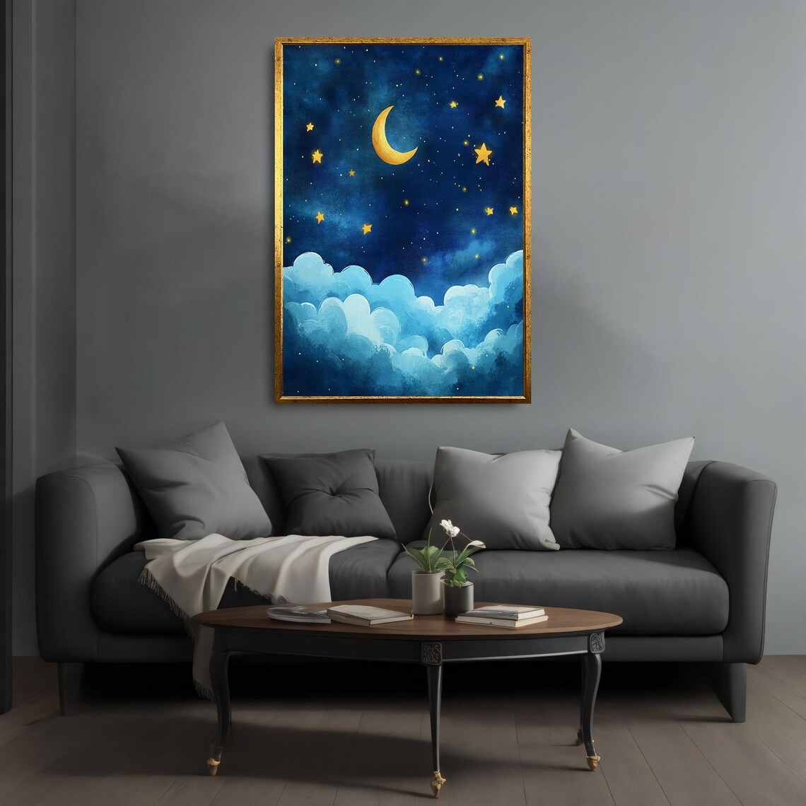 Moon and Stars Night Sky Watercolor Dreamy Blue Clouds Nursery Poster - Image 4