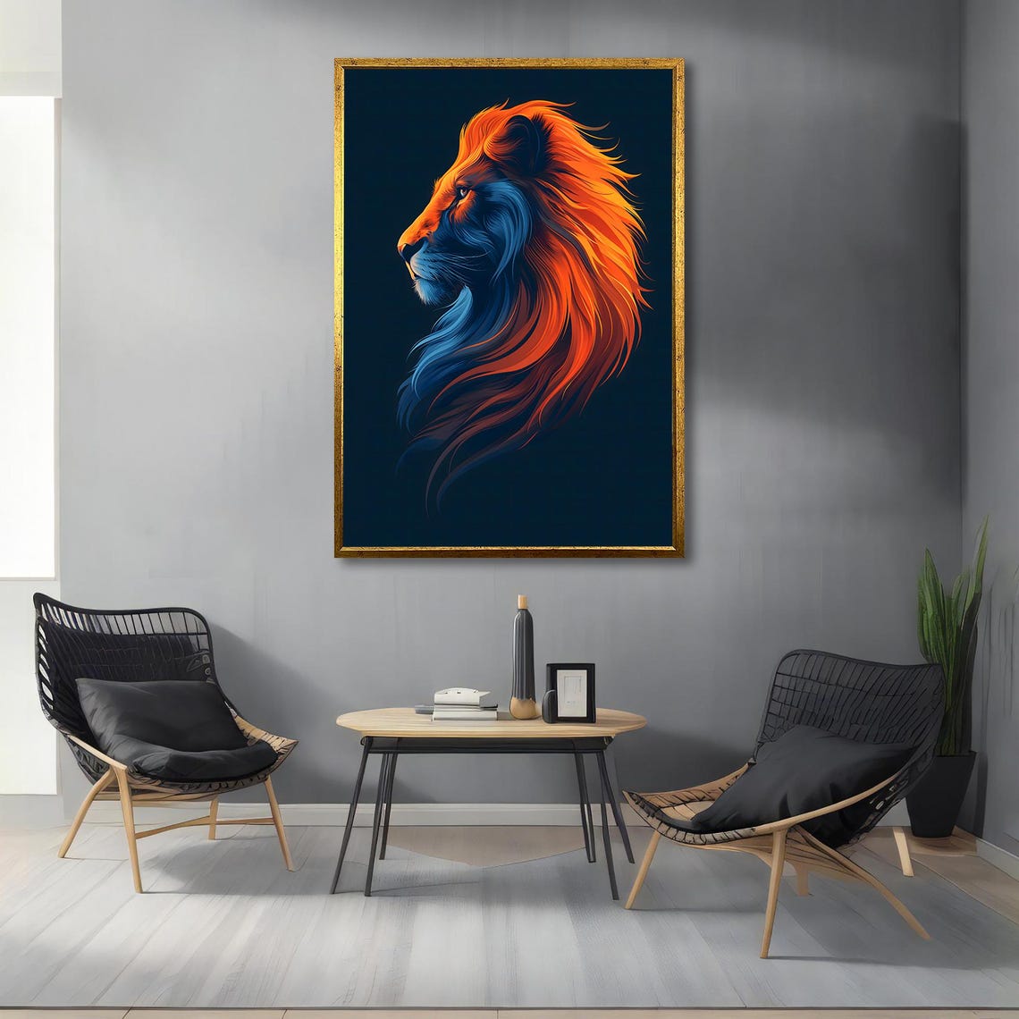 Colorful Lion Profile Orange Blue Mane Modern Wildlife Poster - Image 3