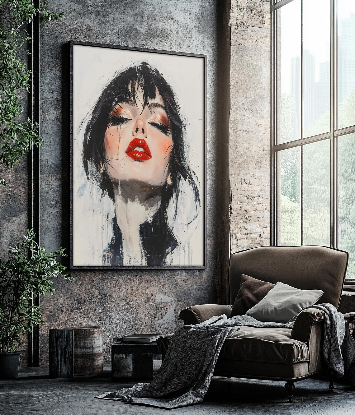 Expressionist Woman Red Lips Brushstroke Modern Portrait Poster
