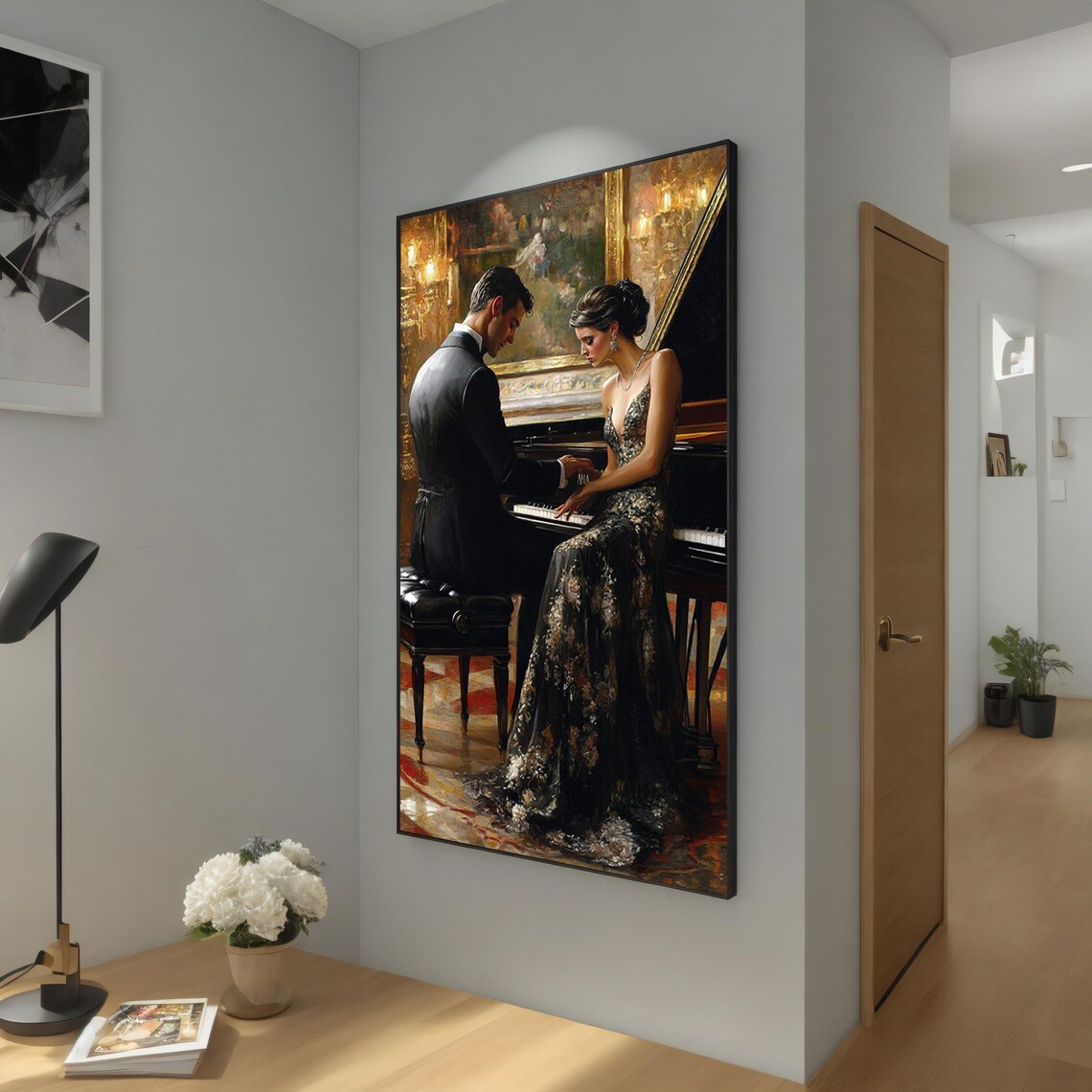Elegant Couple at Grand Piano Romantic Ballroom Music Art Poster