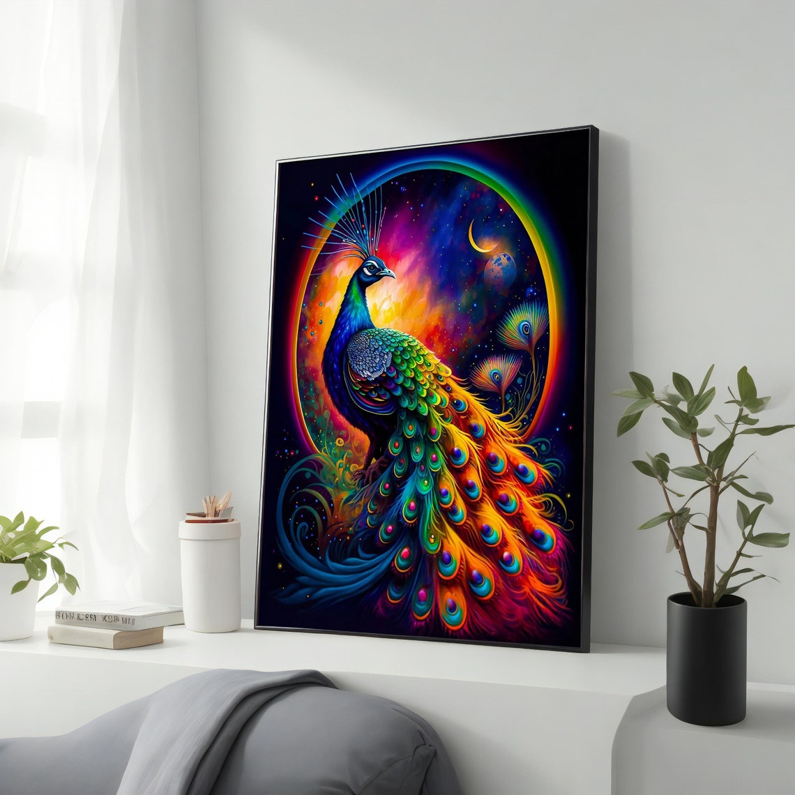 Rainbow Peacock Cosmic Galaxy Vibrant Colorful Bird Art Poster