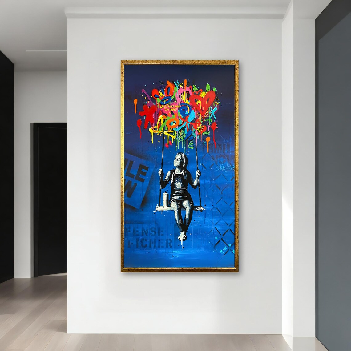 Girl On Swing With Colorful Graffiti Balloons Urban Street Art Blue Poster - Image 4