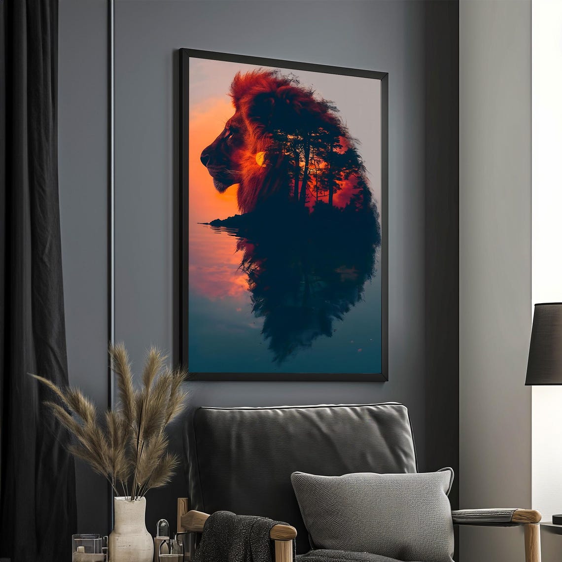 Lion Profile Sunset Forest Double Exposure Wildlife Art Poster