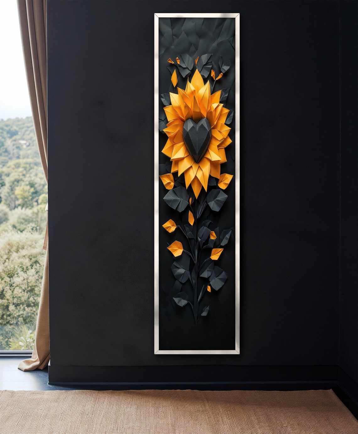 Orange Paper Flower Black Heart 3D Paper Craft Tall Narrow Wall Poster - Image 4
