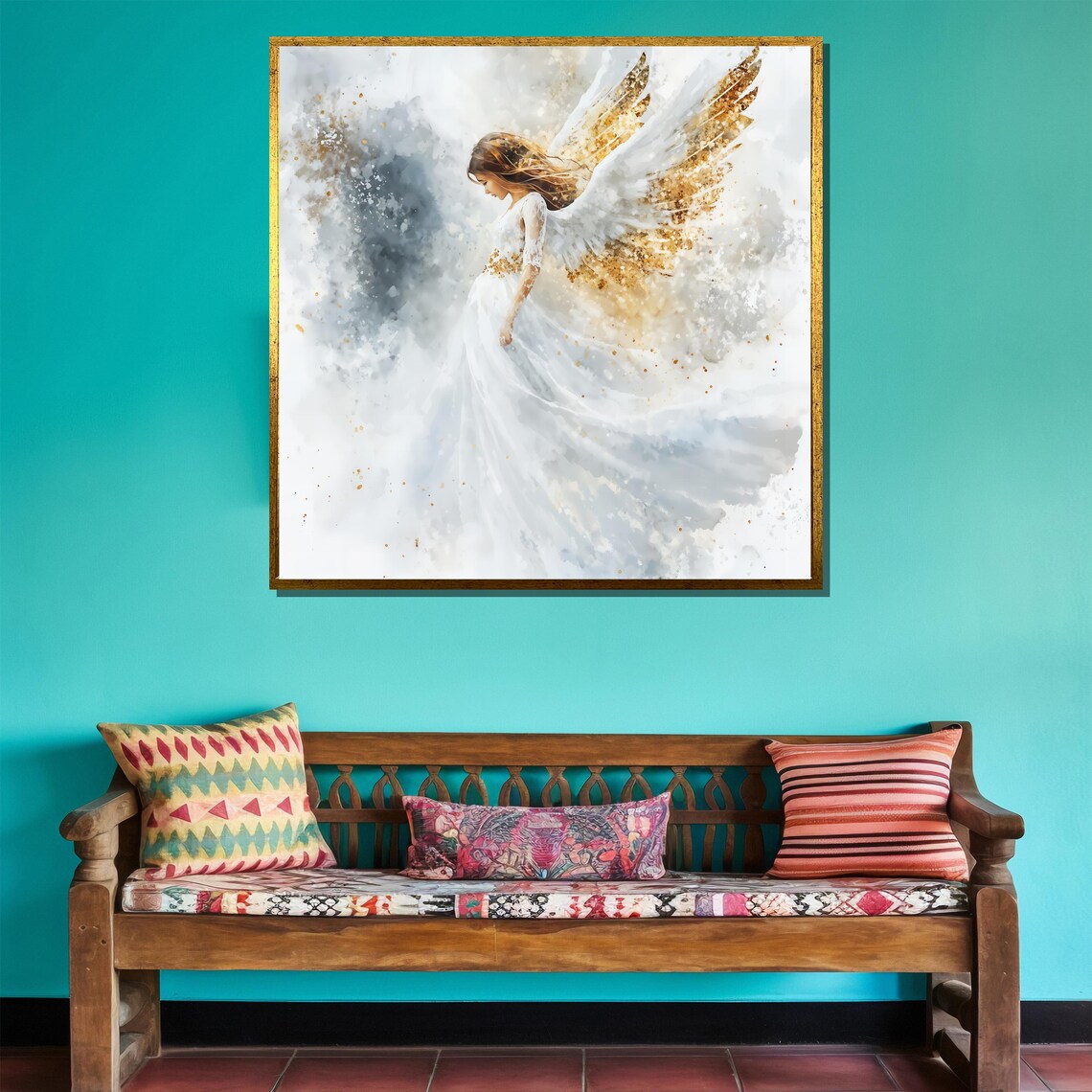 Elegant Guardian Angel White Gold Wings Ethereal Watercolor Art Poster - Image 4