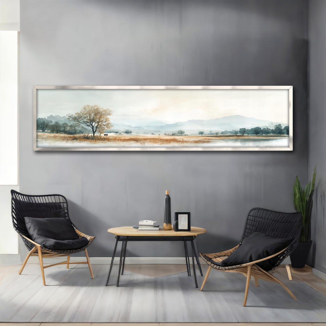 Panoramic Neutral Autumn Tree Meadow River Landscape Wall Art Poster - Image 4