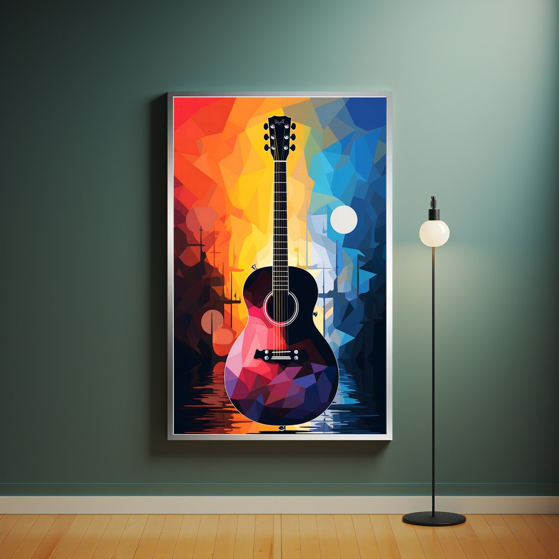 Geometric Low Poly Acoustic Guitar Sunset Sunrise Music Wall Art Poster - Image 4