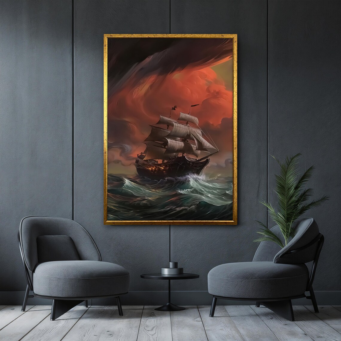 Pirate Ship Sailing Stormy Red Sunset Sea Nautical Fantasy Art Poster - Image 4
