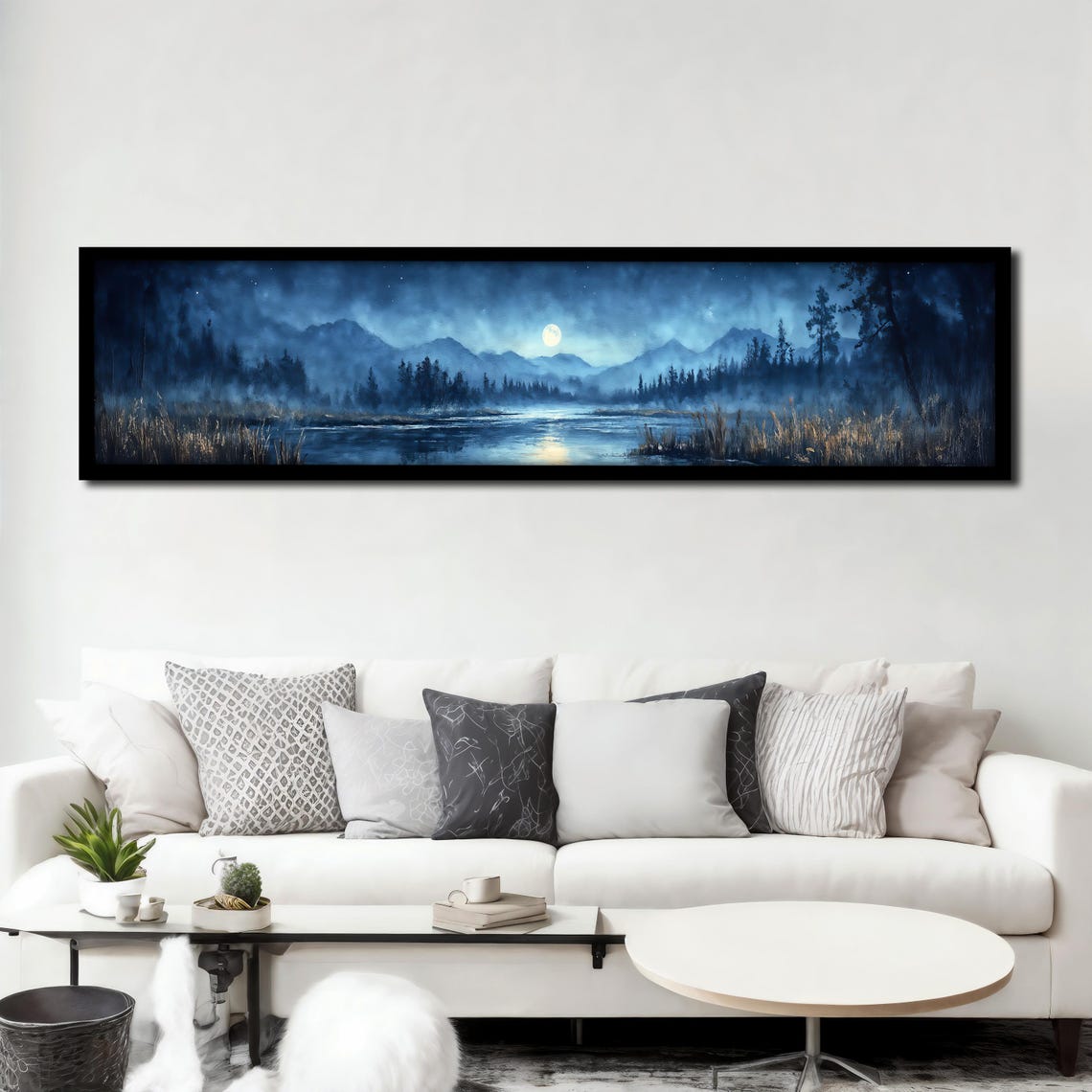 Moonlit Blue Forest Lake Panoramic Night Reflection Art Poster - Image 3