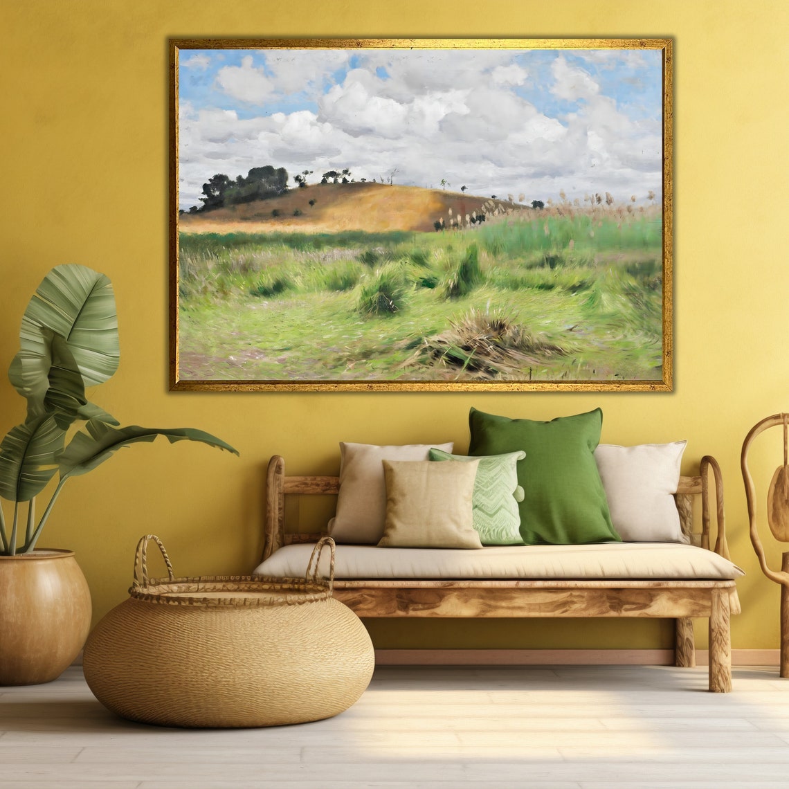 Lush Green Marsh Meadow Golden Hill Impressionist Landscape Art Poster - Image 3
