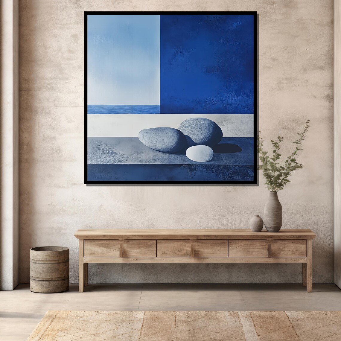 Minimalist Zen Stones Blue Sea Beach Abstract Serene Art Print - Image 4