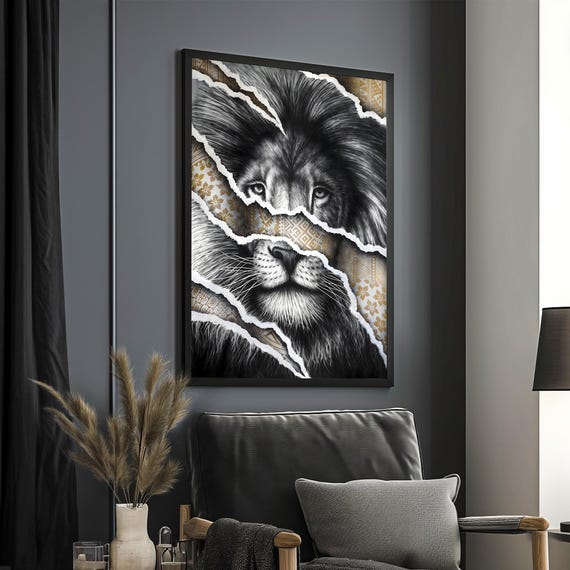 Fierce Lion Portrait Art Bold Safari Wall Decor With Tribal Patterns Lion Wall Art With Safari Motif Ready To Hang