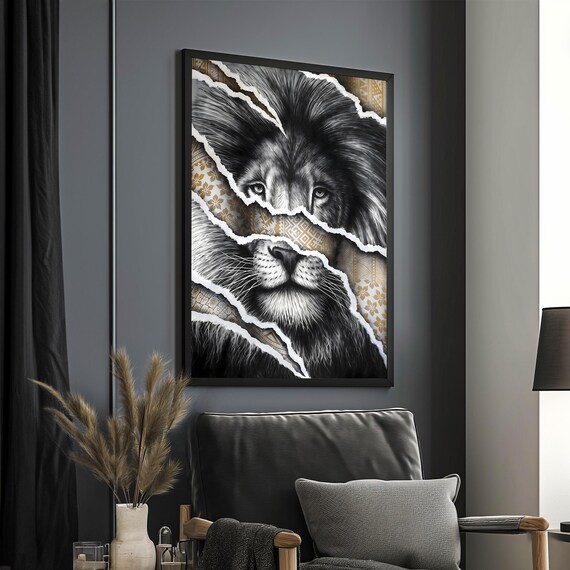 Lion Face Torn Paper Gold Tribal Pattern Bold Wildlife Poster