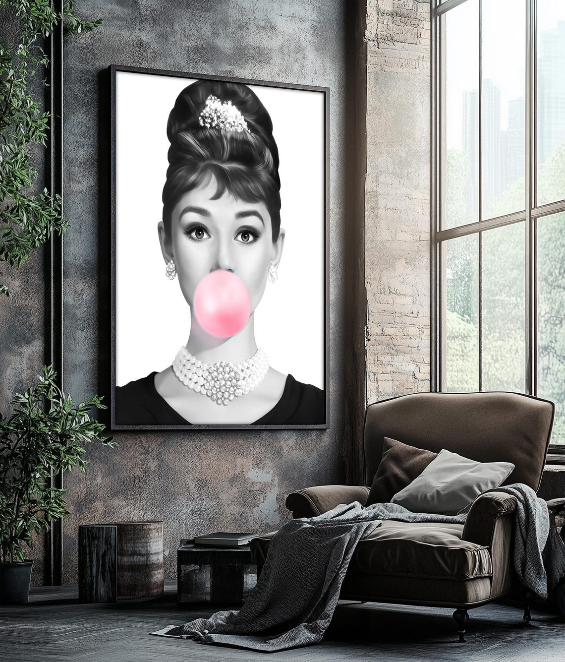Audrey Hepburn Blowing Pink Bubblegum Pop Portrait Black White Poster